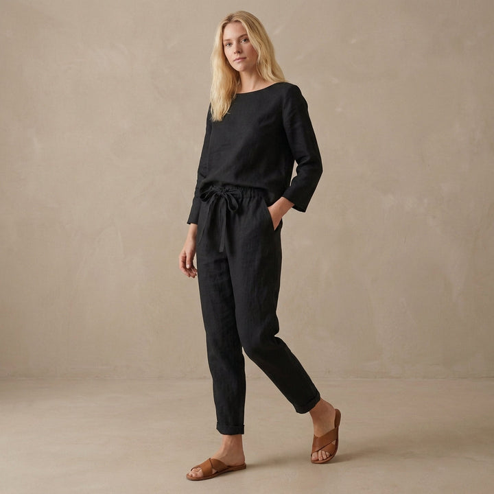 Duttini | Luxe Relaxed Linen Two-Piece Set With Boat Neck Blouse And Drawstring Pants
