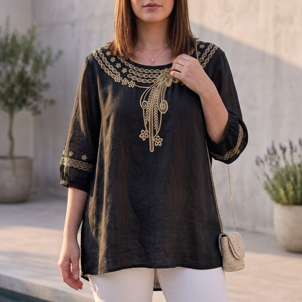 Duttini | Sculpted Bohemian-Inspired Relaxed Blouse With Eyelet Embroidery And 3/4 Sleeves
