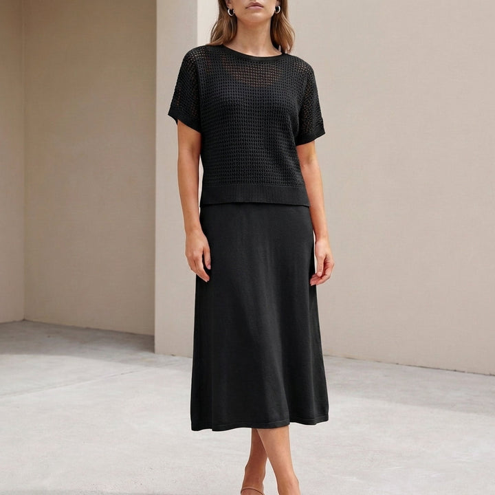 Duttini | Flowing Midi Dress And Cropped Open-Knit Mesh Top Set