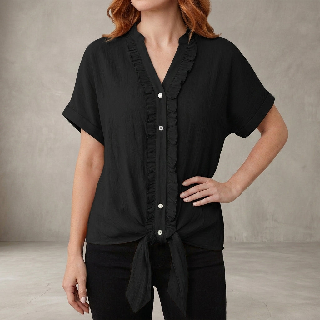 Duttini | Flowing Willow Grace Ruffle Trim Tie-Front Blouse