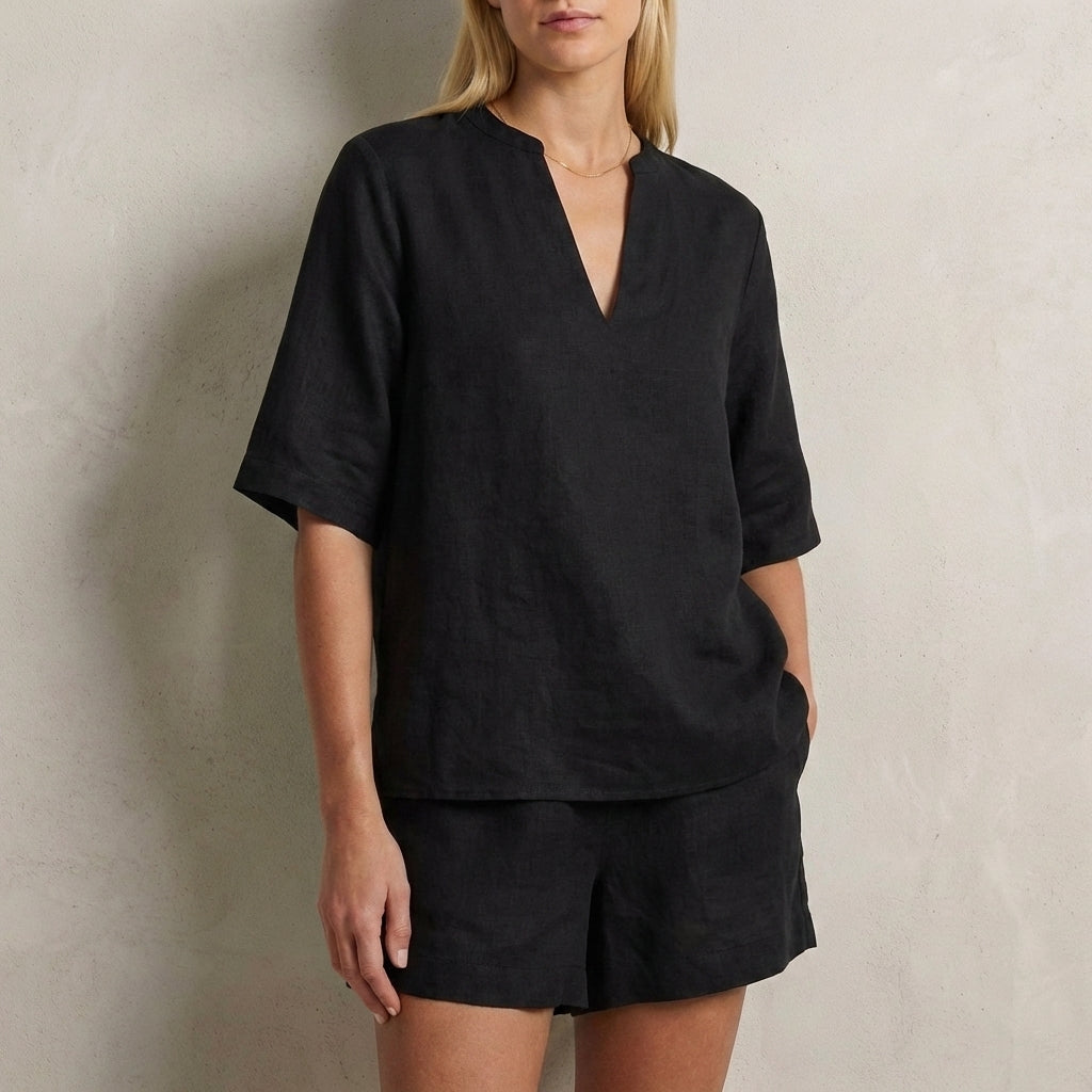 Duttini | Sculpted Relaxed Two-Piece Set With Split V-Neck Top And Wide-Leg Shorts