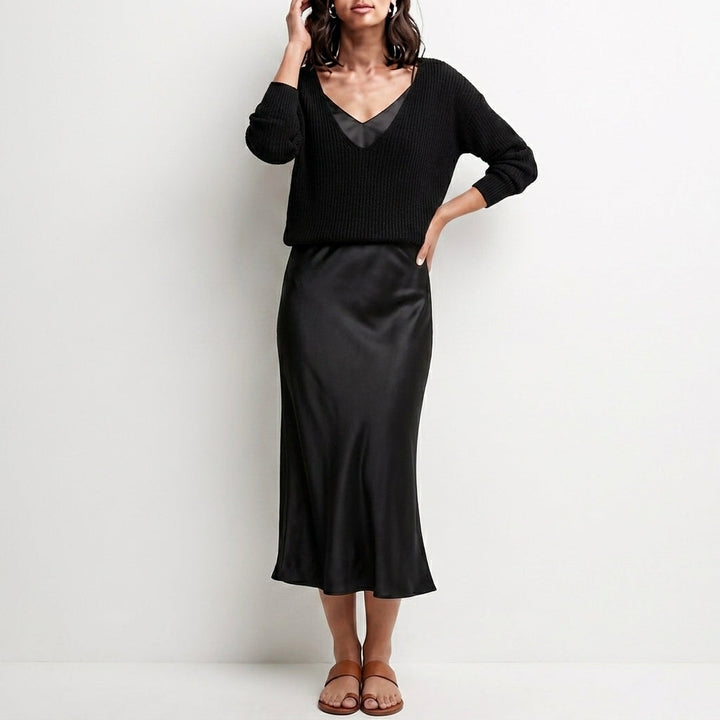 Duttini | Modern Relaxed V-Neck Knit Top And Satin Maxi Skirt Set