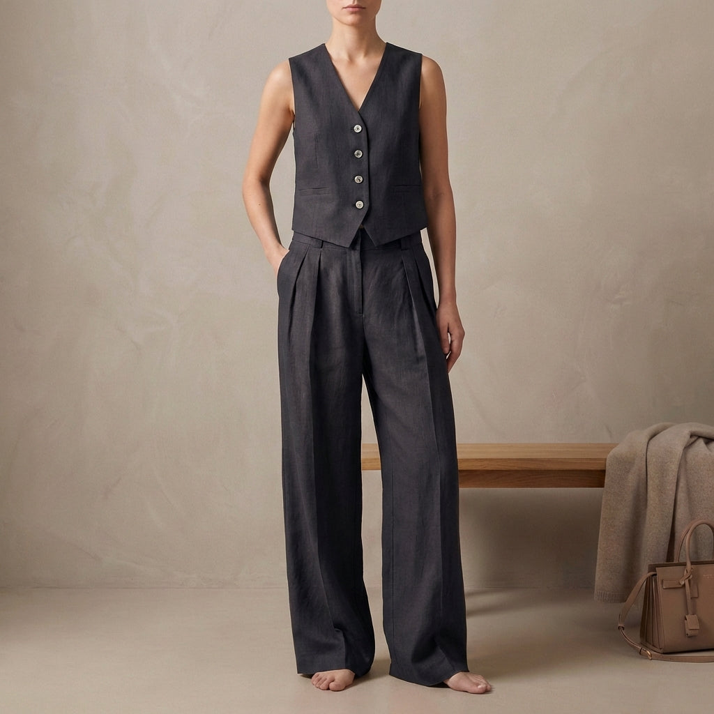 Duttini | Graceful Tailored Linen Sleeveless Vest And High-Waisted Pleated Trouser Set
