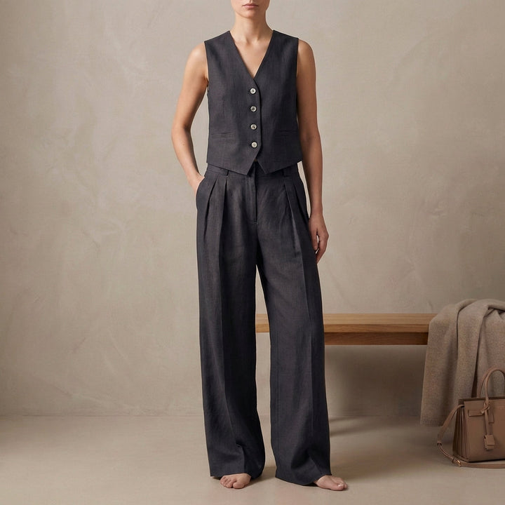 Duttini | Graceful Tailored Linen Sleeveless Vest And High-Waisted Pleated Trouser Set
