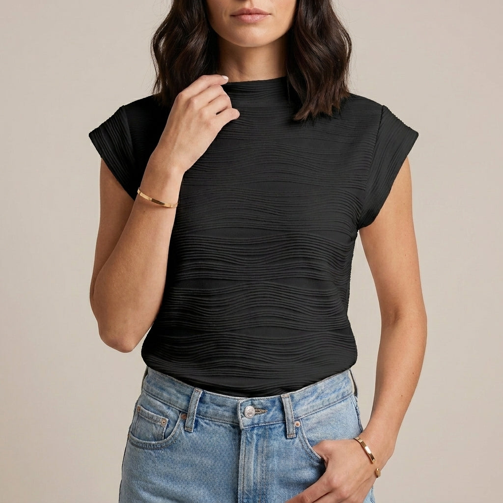 Duttini | Refined Textured Mock Neck Cap Sleeve Top With Sculpted Silhouette