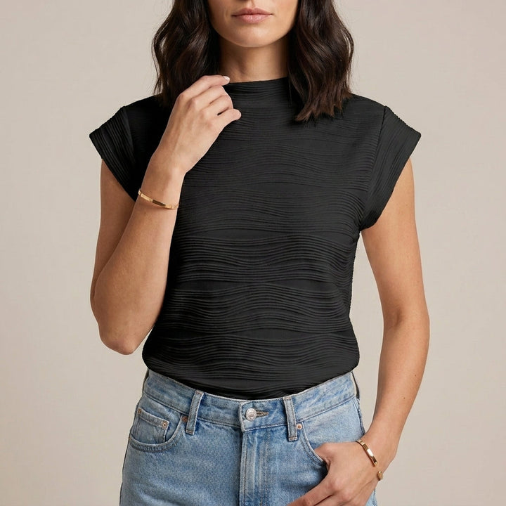 Duttini | Refined Textured Mock Neck Cap Sleeve Top With Sculpted Silhouette