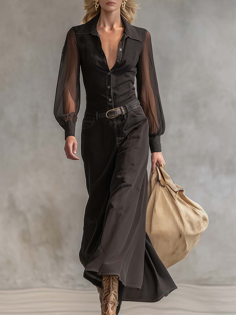 Duttini | Black Denim V-Neck Casual Dress