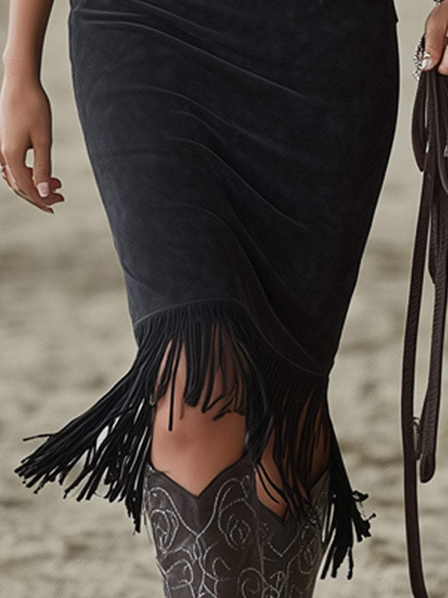 Duttini | Black Faux Suede Floral Casual Dress
