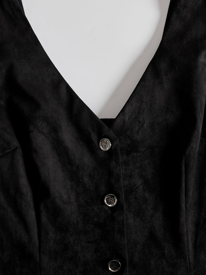 Duttini | Black Faux Suede V-Neck Casual Dress