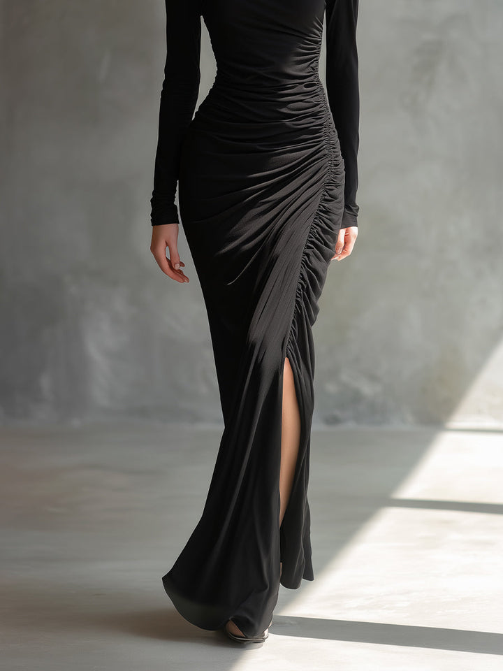 Duttini | Black Jersey Ruched Evening Dress