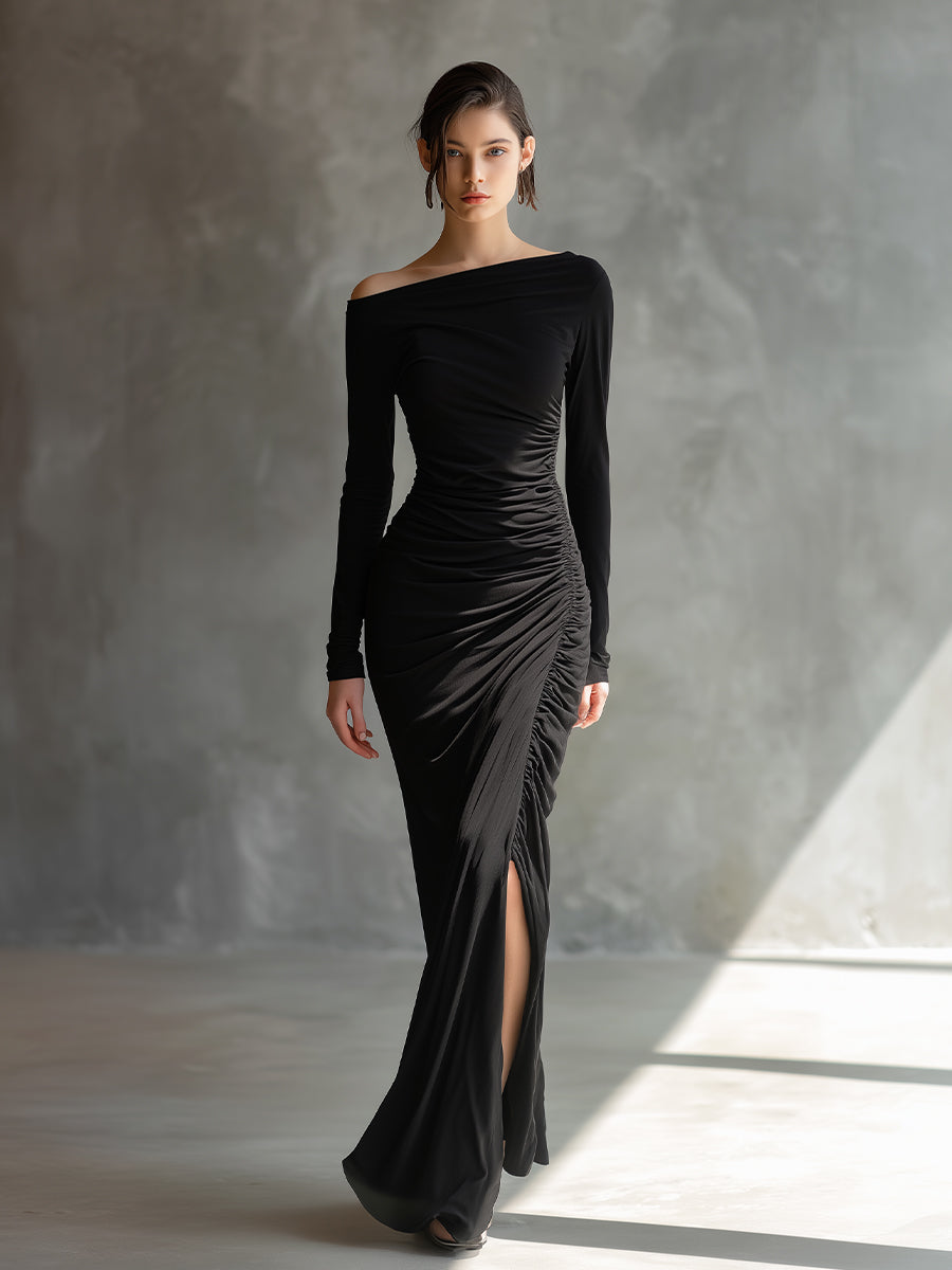 Duttini | Black Jersey Ruched Evening Dress