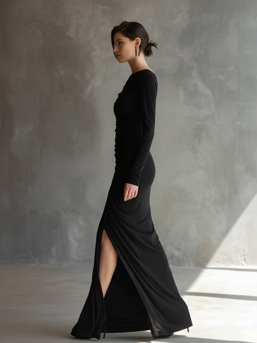 Duttini | Black Jersey Ruched Evening Dress