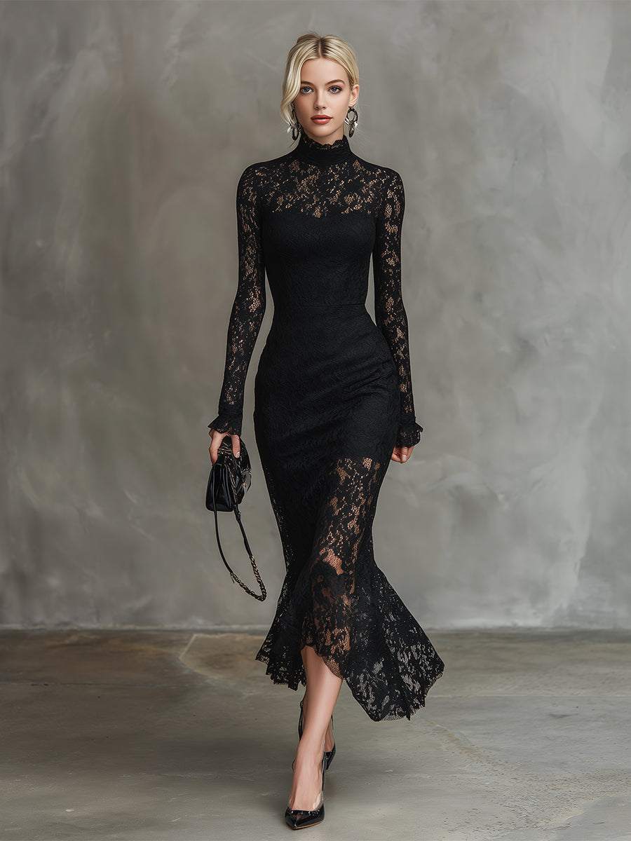 Duttini | Black Lace Fishtail Evening Dress