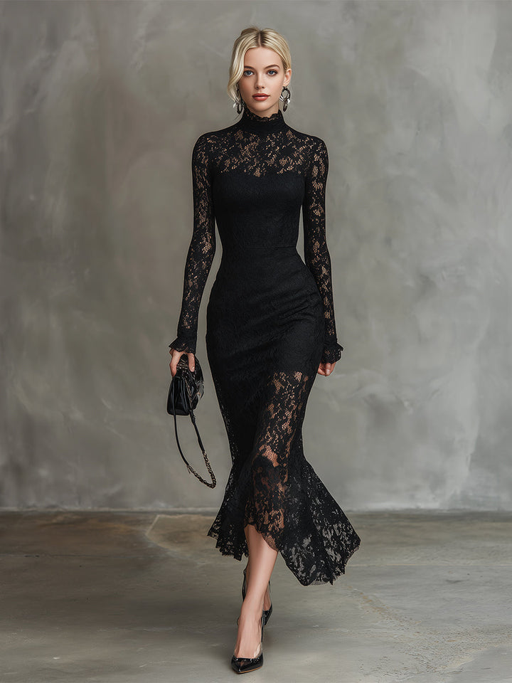 Duttini | Black Lace Fishtail Evening Dress