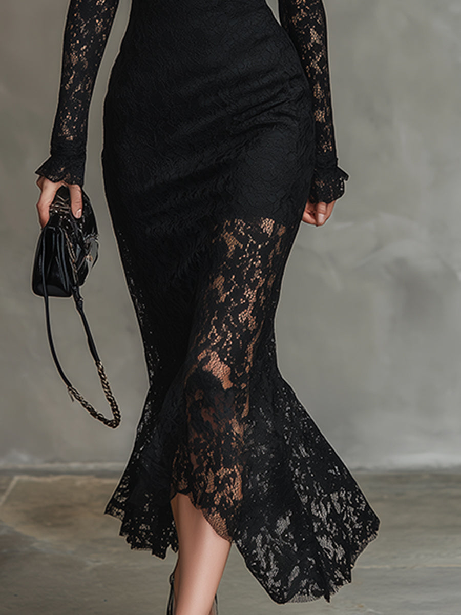 Duttini | Black Lace Fishtail Evening Dress