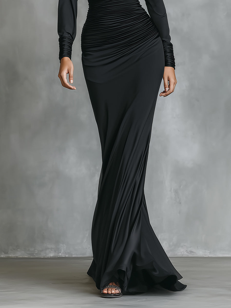 Duttini | Black Satin Ruched Evening Dress