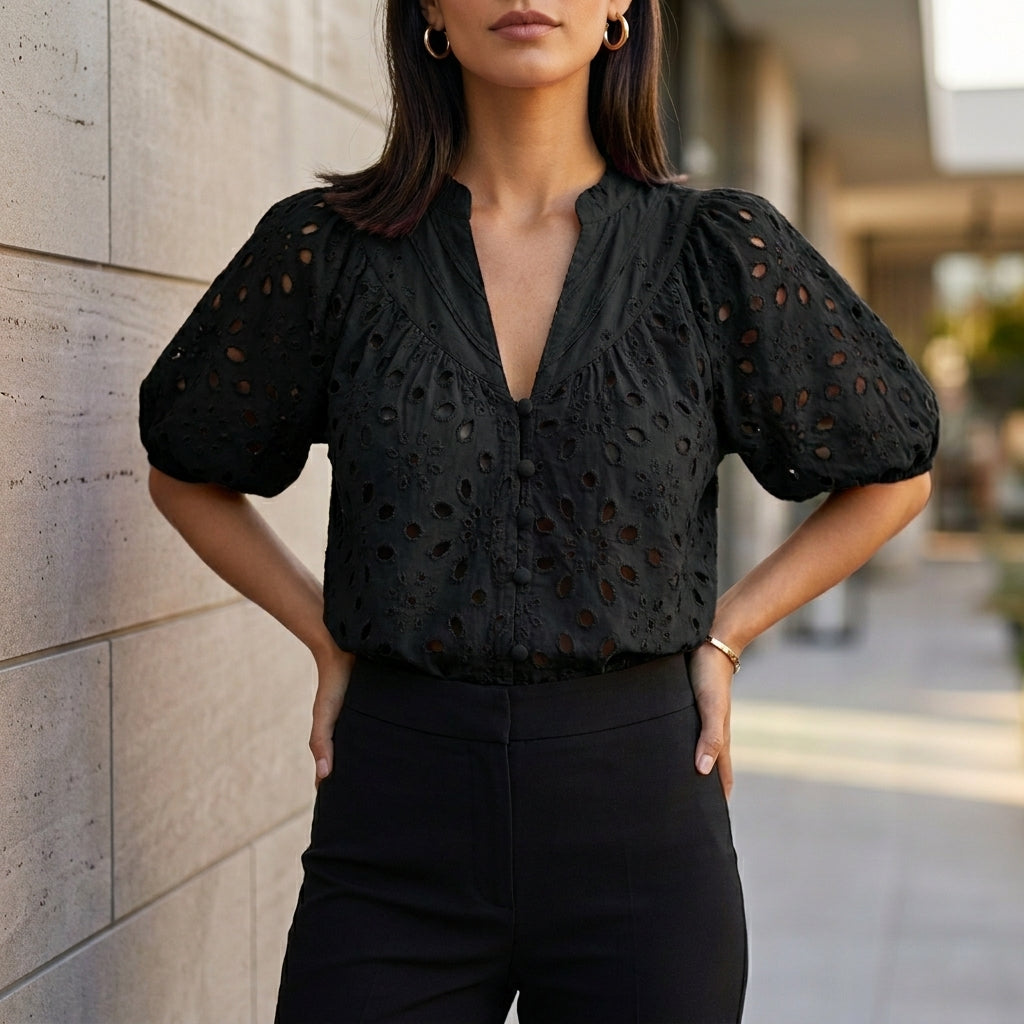 Duttini | Sophisticated Embroidered V-Neck Blouse With Voluminous Lantern Sleeves And Eyelet Detail