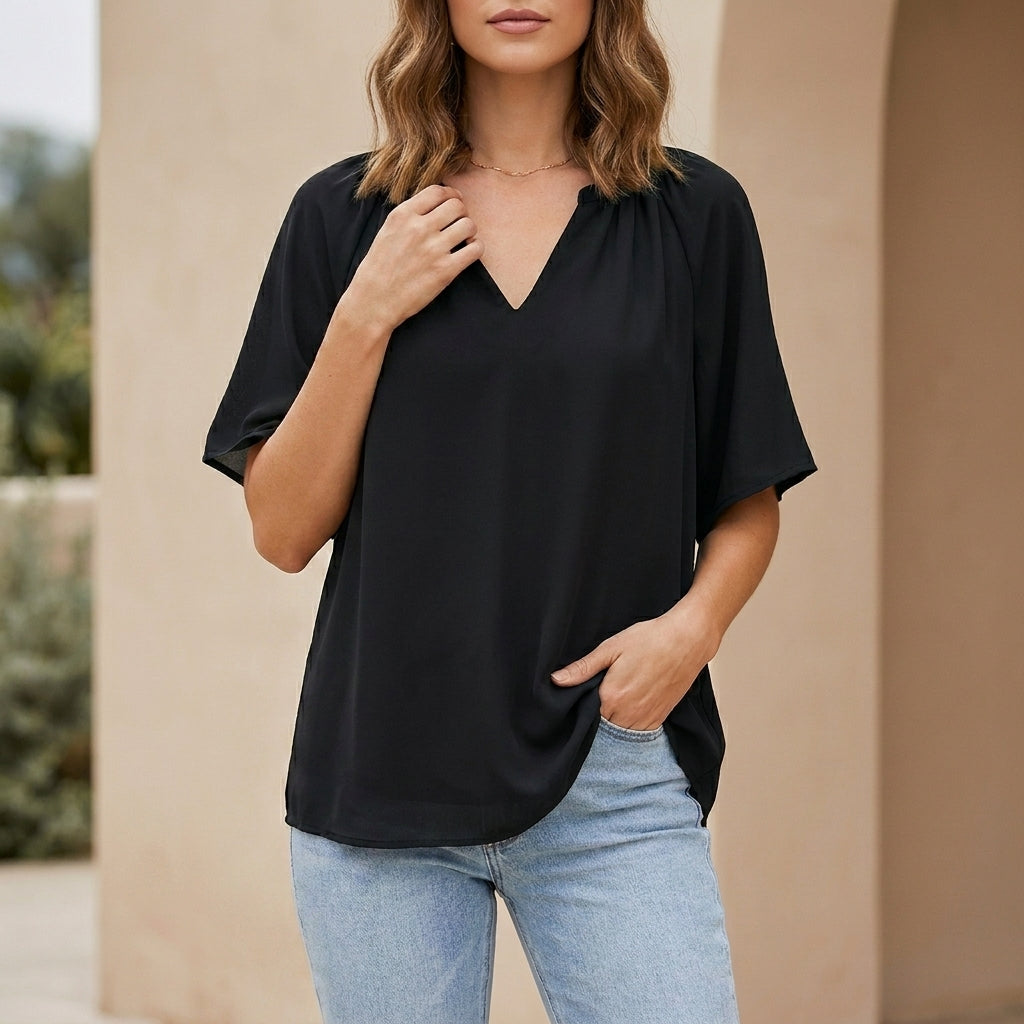 Duttini | Sculpted Relaxed V-Neck Blouse With Gathered Neckline And Flutter Sleeves