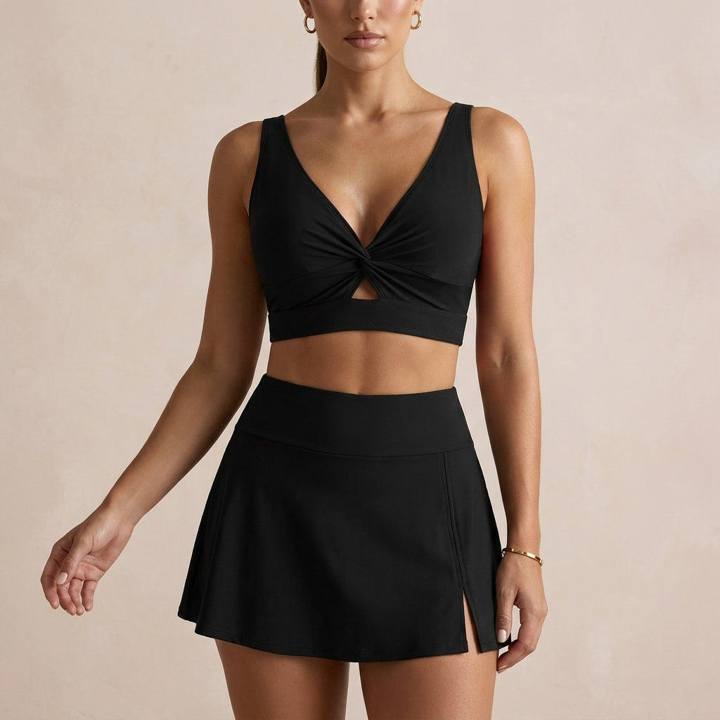 Duttini | Timeless Twist-Front Two-Piece Bikini Set With High-Waisted Swim Skirt
