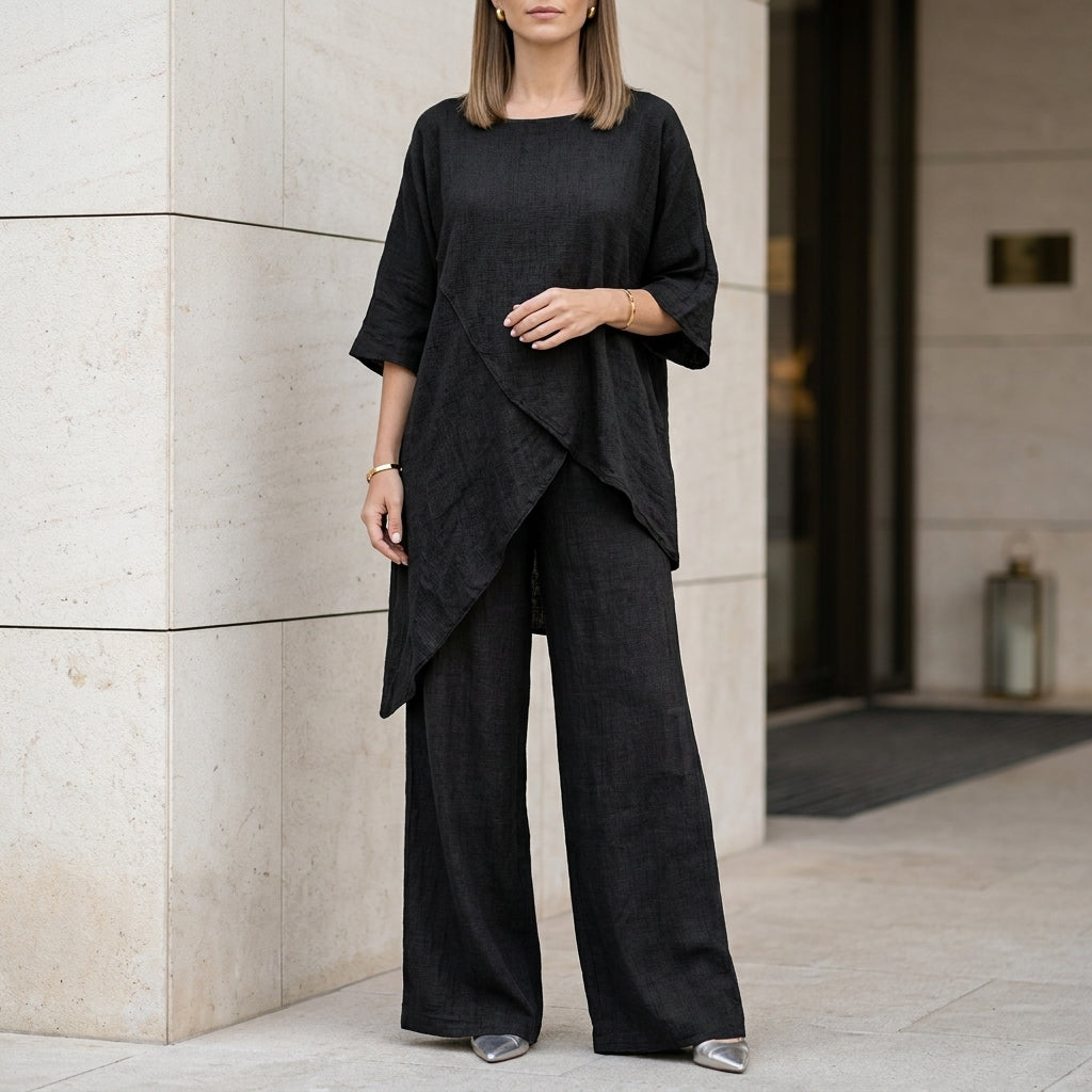 Duttini | Effortless Relaxed Two-Piece Set With Flowing Wide-Leg Pants Elegance