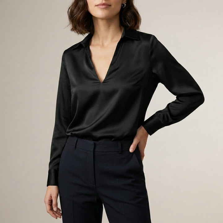 Duttini | Effortless Tailored V-Neck Blouse With Spread Collar And Lustrous Finish