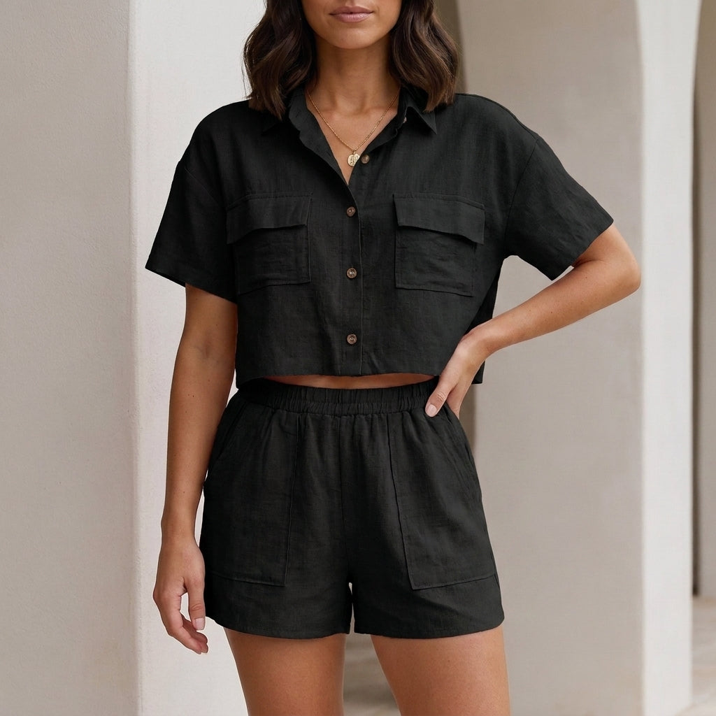 Duttini | Feminine Button Front Pocket Shirt And Shorts Lounge Set
