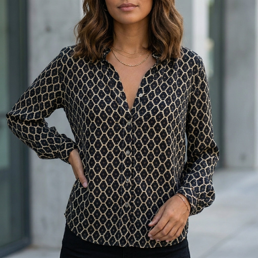 Duttini | Romantic Relaxed V-Neck Geometric Printed Long-Sleeve Woven Blouse