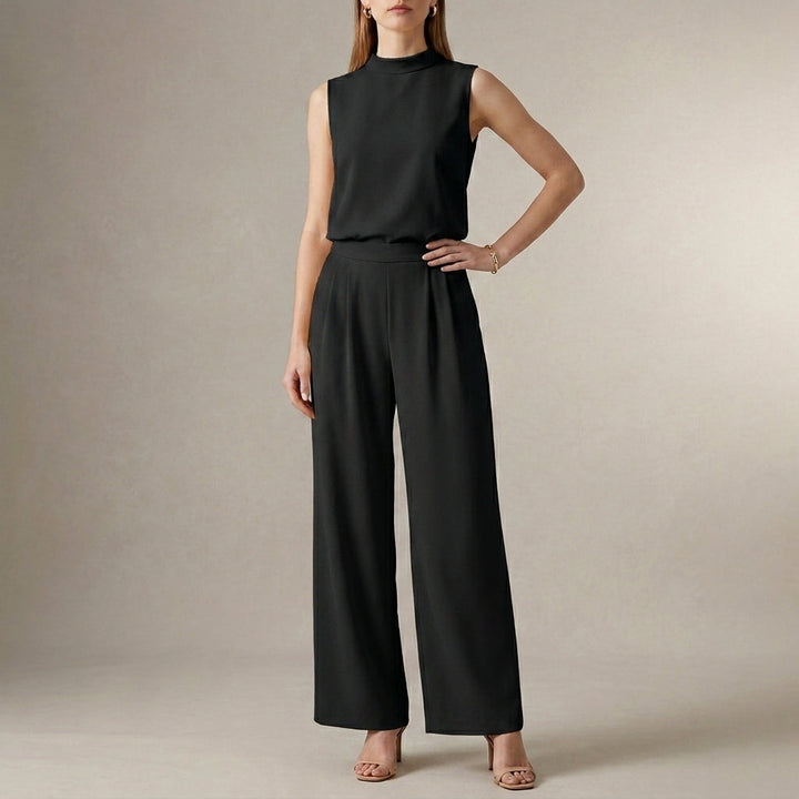Duttini | Flowing Tailored Sleeveless Mock-Neck Top With High-Waisted Wide-Leg Trousers Set