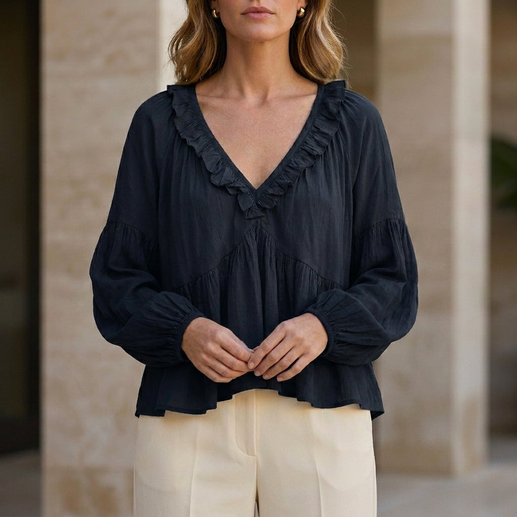 Duttini | Elegant Ruffle Trim V-Neck Peplum Blouse