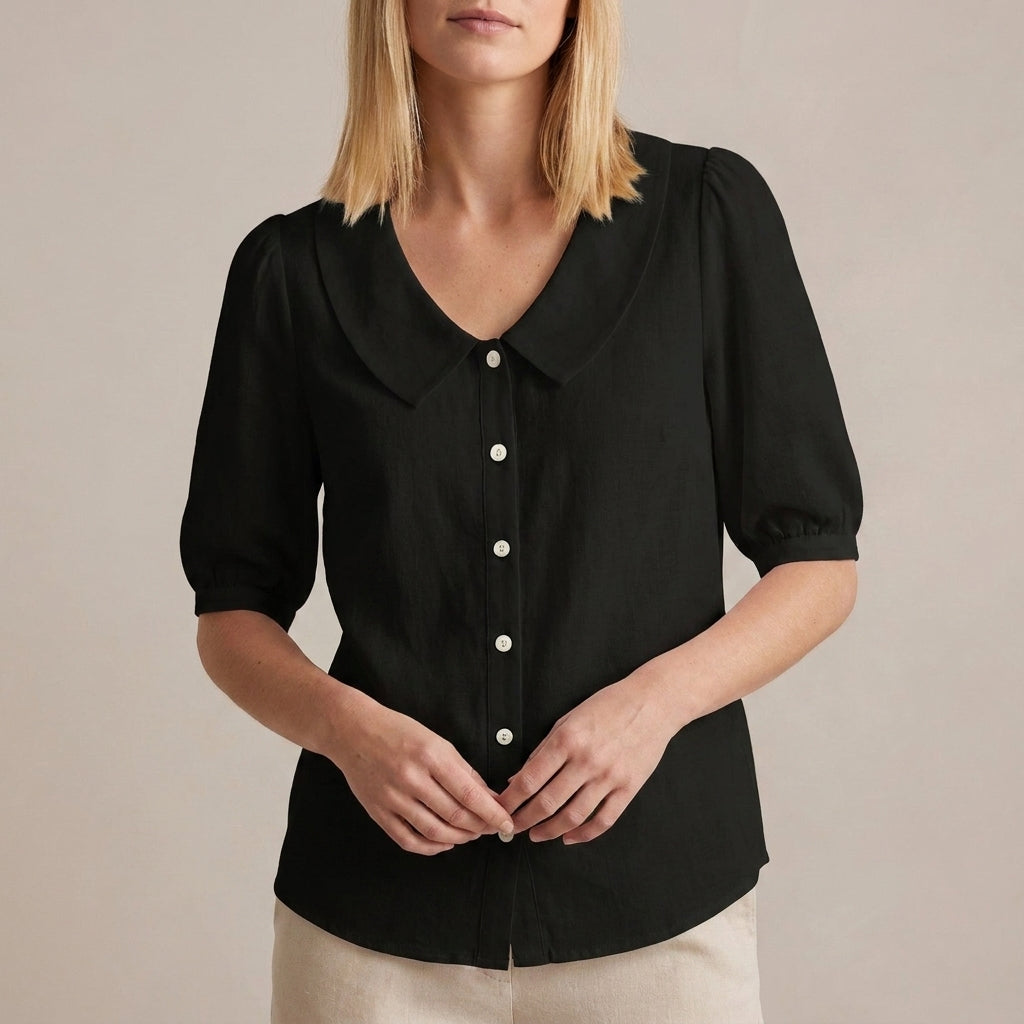 Duttini | Feminine Relaxed Woven Button-Down Blouse With Peter Pan Collar And Puff Sleeves