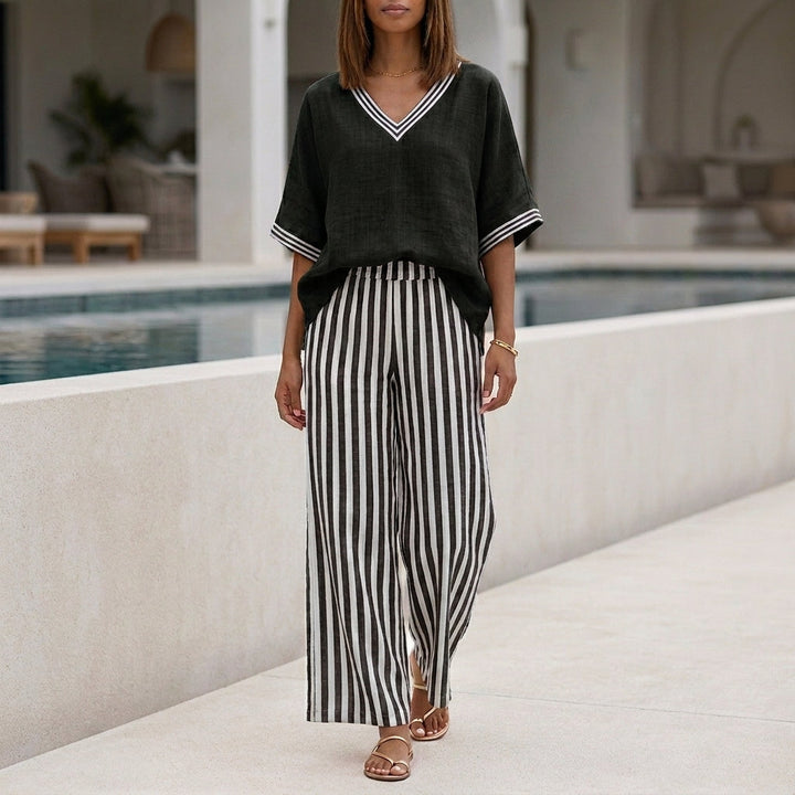 Duttini | Sculpted Relaxed V-Neck Two-Piece Set With Wide-Leg Striped Trousers