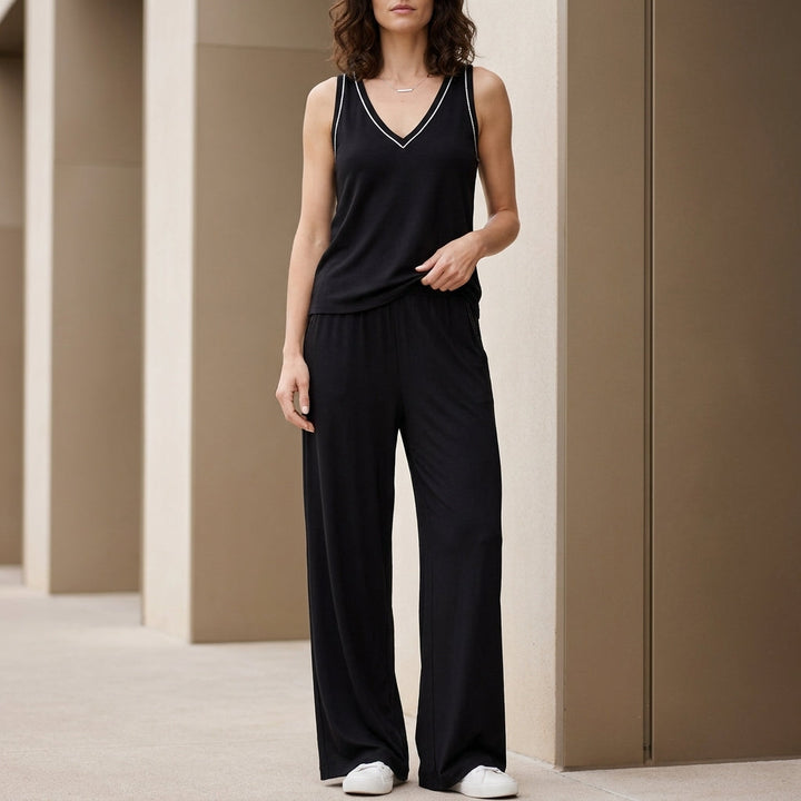 Duttini | Timeless Relaxed V-Neck Sleeveless Lounge Set With Wide-Leg Pants