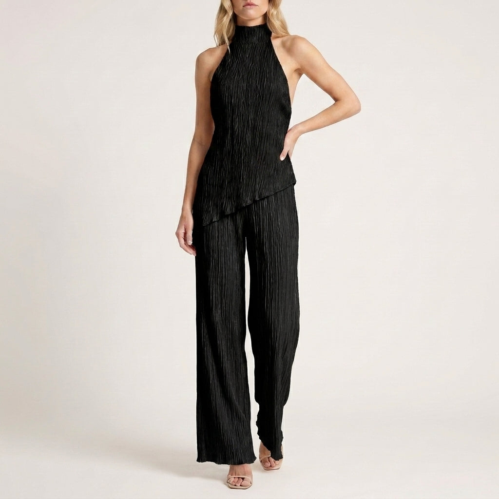 Duttini | Sophisticated Celeste Pleated Halter Top And Wide-Leg Pant Set