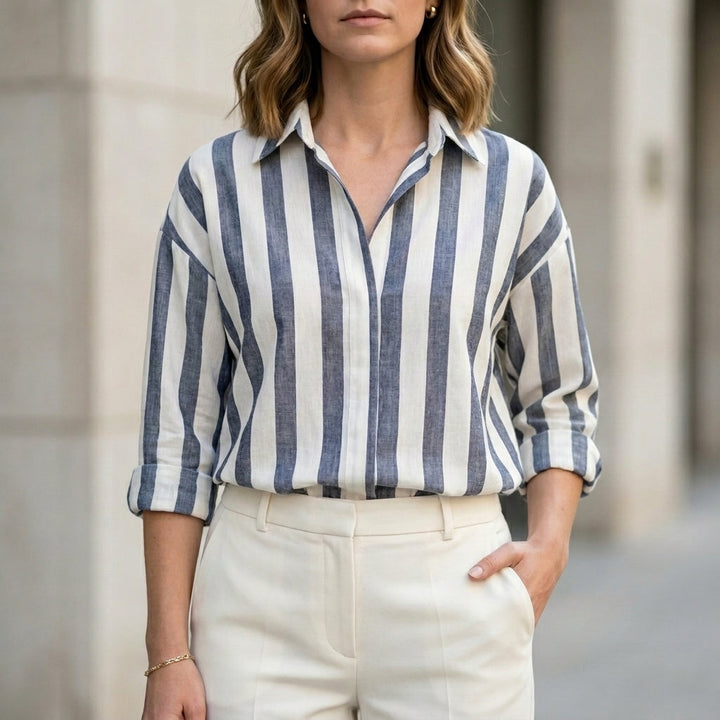 Duttini | Romantic Relaxed Vertical Stripe Button-Up Blouse