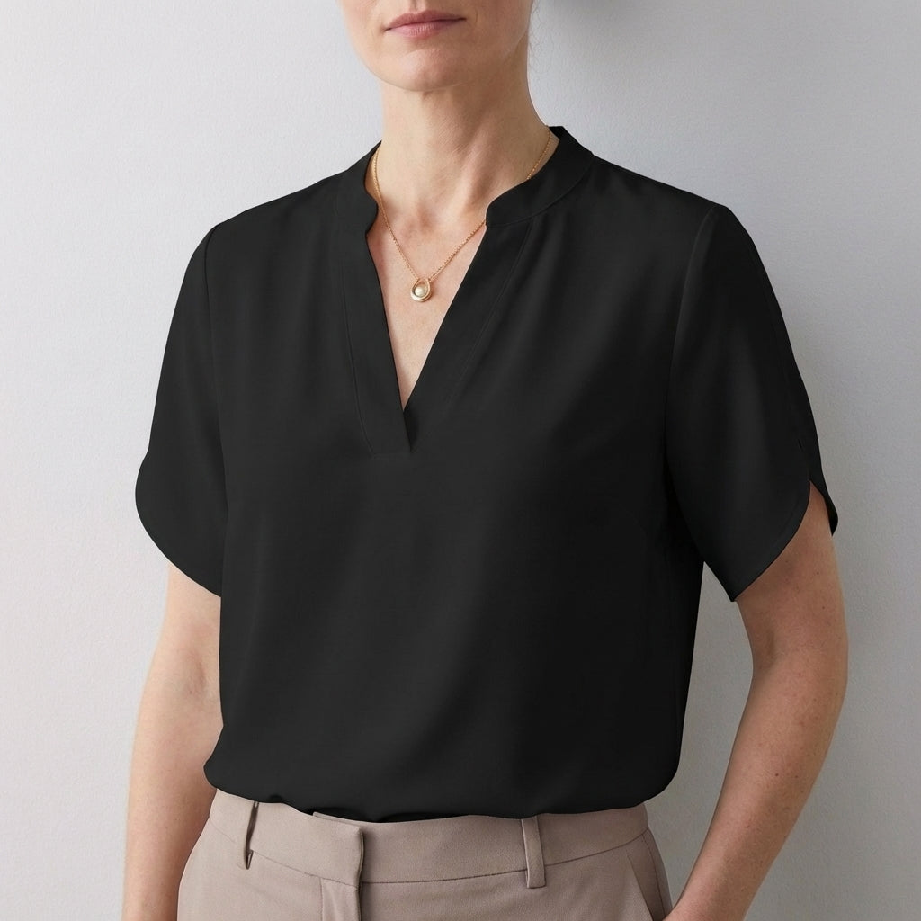 Duttini | Statement Dionne Relaxed V-Neck Blouse With Band Collar And Split Sleeves