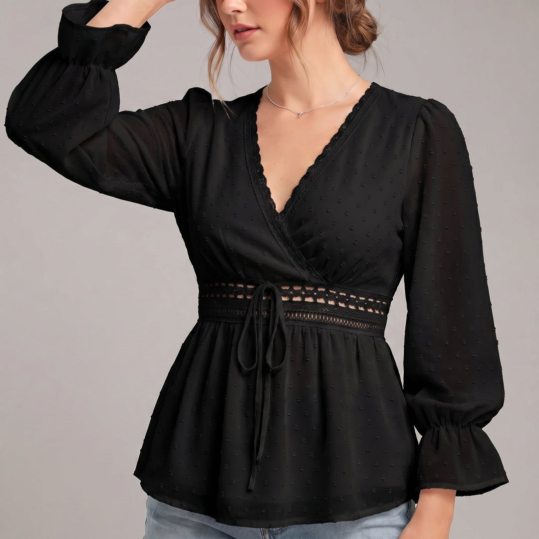 Duttini | Romantic V-Neck Wrap Blouse With Lace Detailing And Ruffled Sleeves