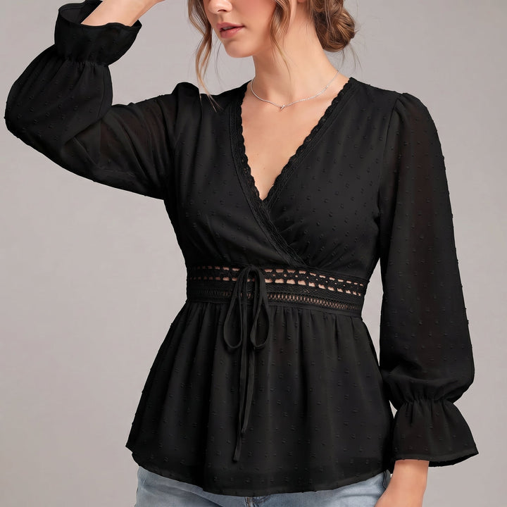 Duttini | Romantic V-Neck Wrap Blouse With Lace Detailing And Ruffled Sleeves