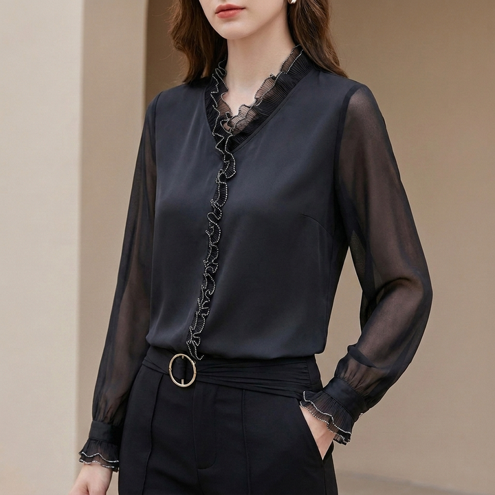 Duttini | Elegant Long Sleeve Sheer Chiffon Blouse With Ruffled V-Neckline