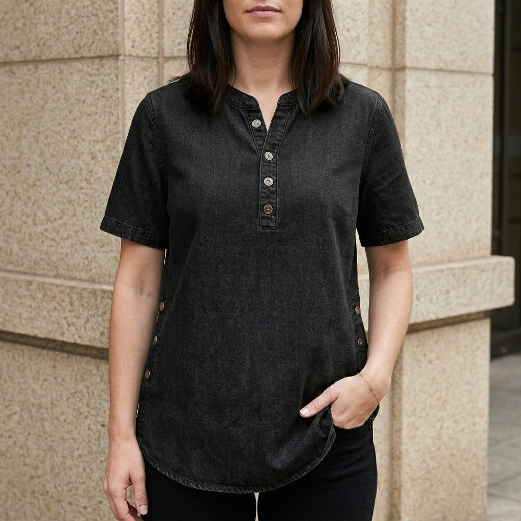 Duttini | Feminine Relaxed Button-Front Denim Look Tunic Top