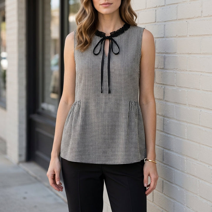Duttini | Elegant Checkered Peplum Blouse With Romantic Ribbon Tie Neck Detail
