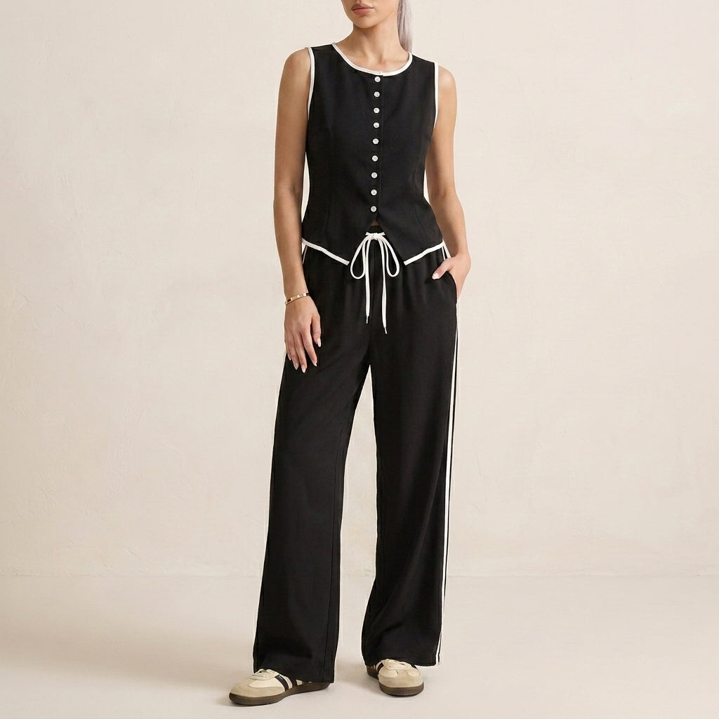 Duttini | Elegant Contrast Trim Two-Piece Set With Relaxed Wide-Leg Pants And Top