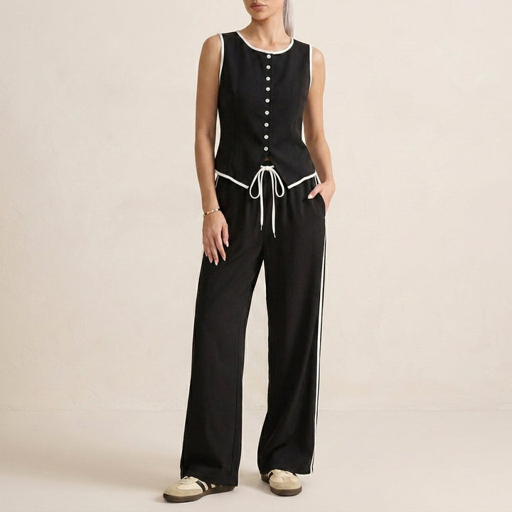 Duttini | Elegant Contrast Trim Two-Piece Set With Relaxed Wide-Leg Pants And Top