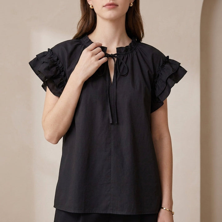 Duttini | Romantic Ruffle Sleeve Loose Blouse With Tiered Collar Tie Detail