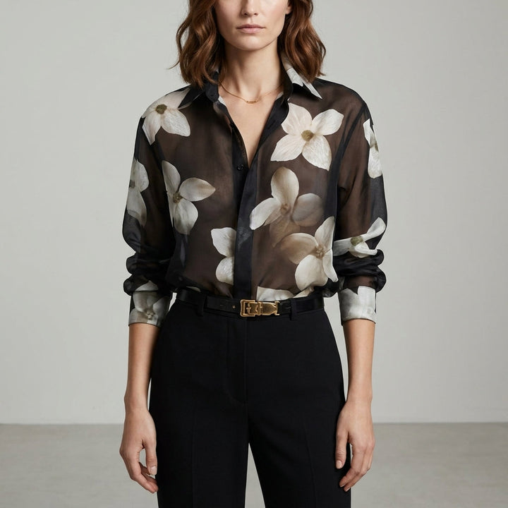 Duttini | Flowing Midnight Bloom Sheer Floral Statement Blouse