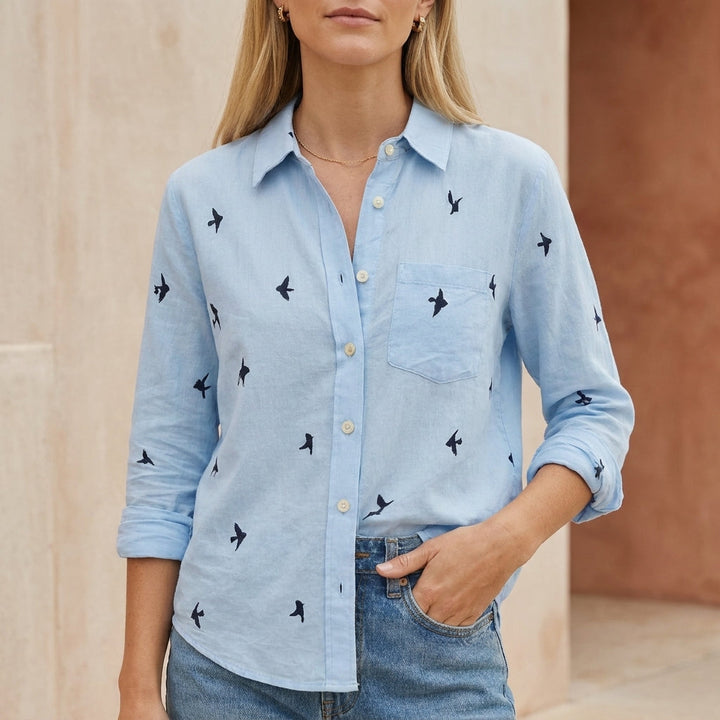 Duttini | Romantic Relaxed Collared Button-Down Blouse With Whimsical Print And Soft Woven Texture