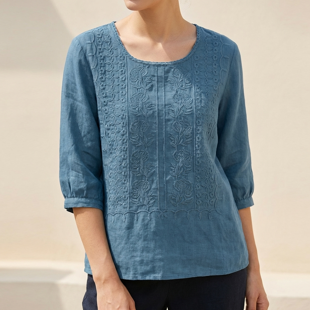 Duttini | Chic Relaxed Embroidered Blouse With Lace Trim And Pintuck Detail
