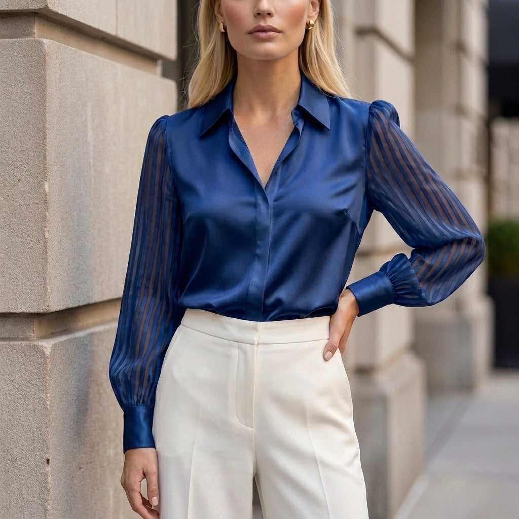 Duttini | Refined Tailored Polo Collar Blouse With Sheer Striped Balloon Sleeves