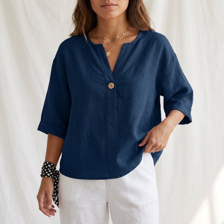 Duttini | Flowing Cotton Linen V-Neck Blouse With Button Front And Cuffed Sleeves