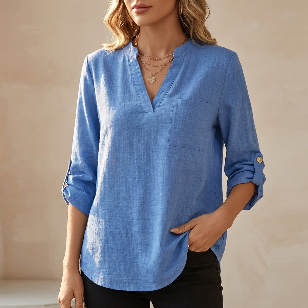 Duttini | Chic Relaxed V-Neck Cotton Linen Tunic Blouse With Roll-Up Sleeves