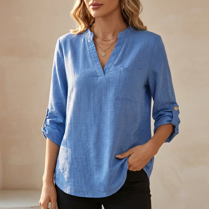 Duttini | Chic Relaxed V-Neck Cotton Linen Tunic Blouse With Roll-Up Sleeves
